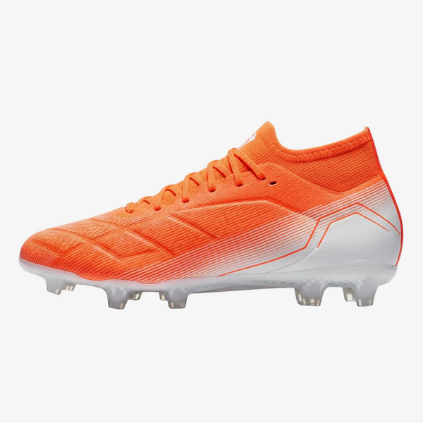 Orange and white professional football cleat with studded sole