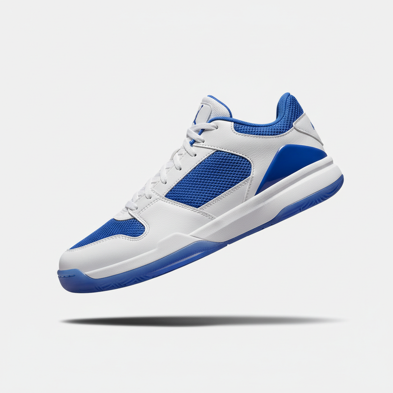 White and blue low-top basketball shoe displayed diagonally