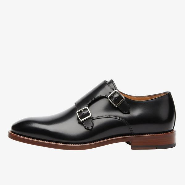 Black leather monk strap formal dress shoe with double buckles