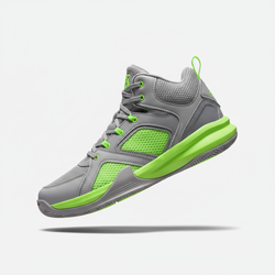 Grey and neon green mid-top basketball shoe displayed diagonally