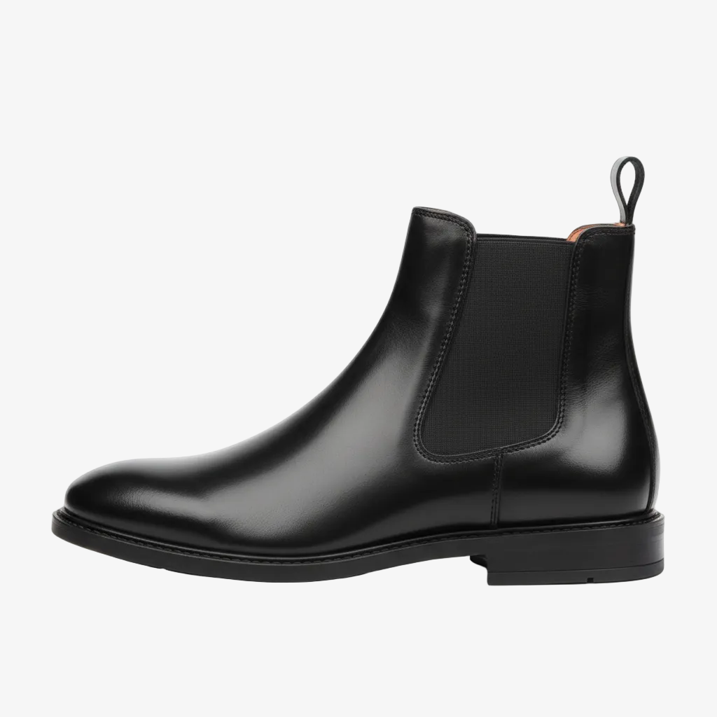 Black leather Chelsea boot with elastic side panels