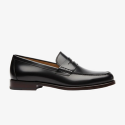 Black leather penny loafer with strap detail