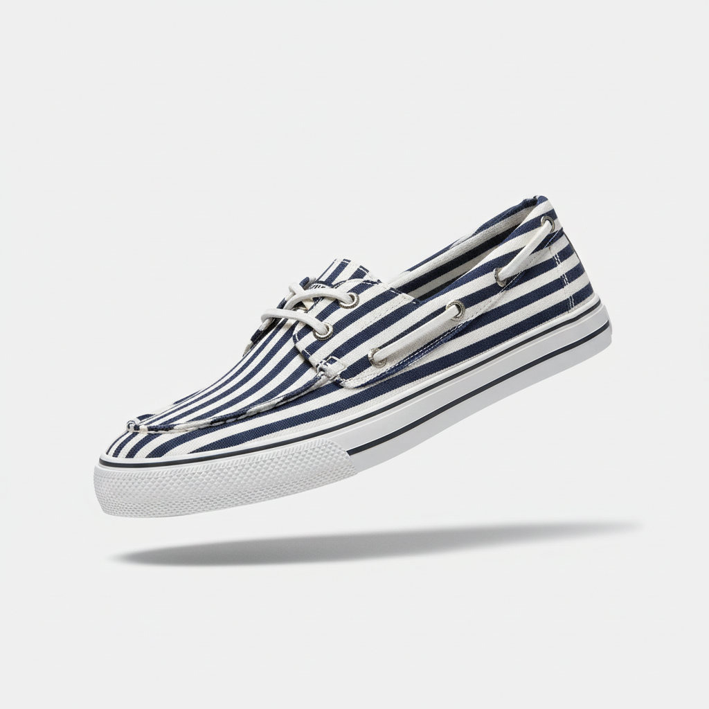 Navy and white striped canvas boat shoe displayed diagonally