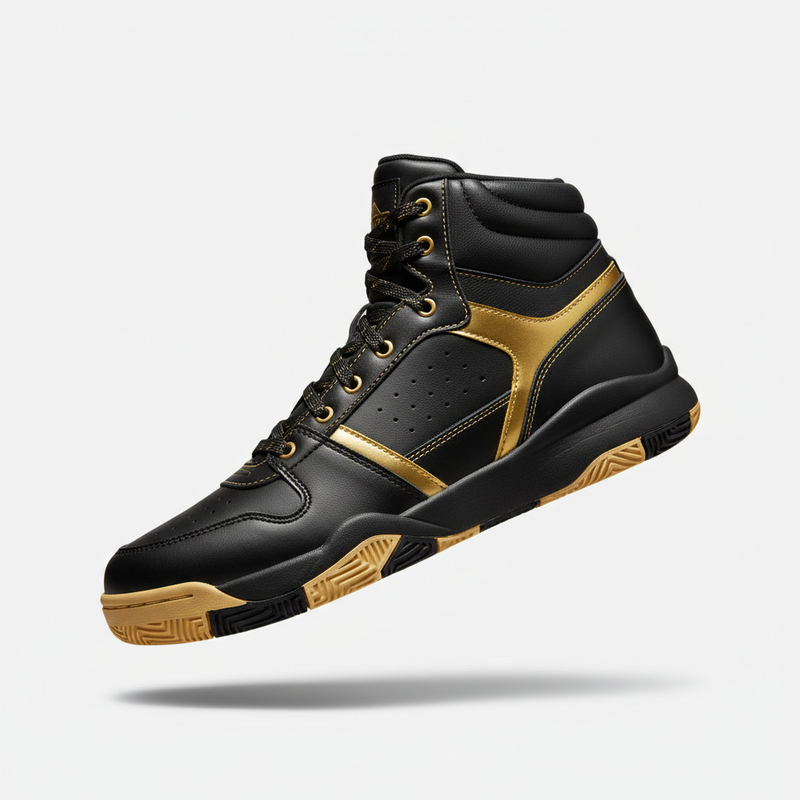 Black and gold high-top basketball shoe displayed diagonally
