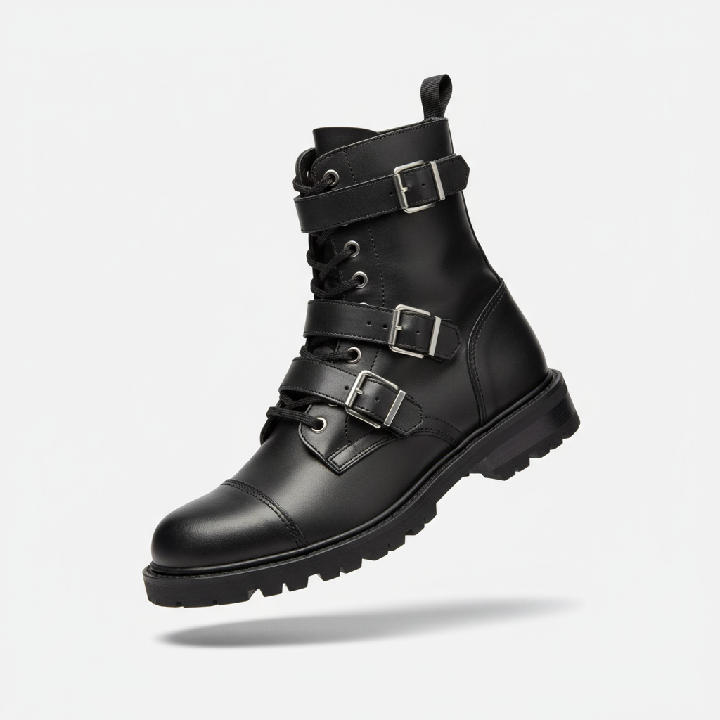Black leather combat boot displayed diagonally