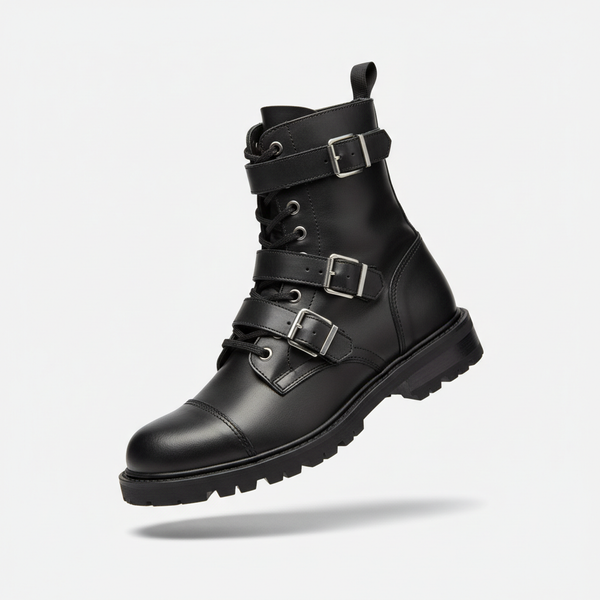 Black leather combat boot displayed diagonally