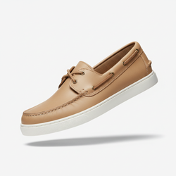 Classic tan leather boat shoe displayed diagonally