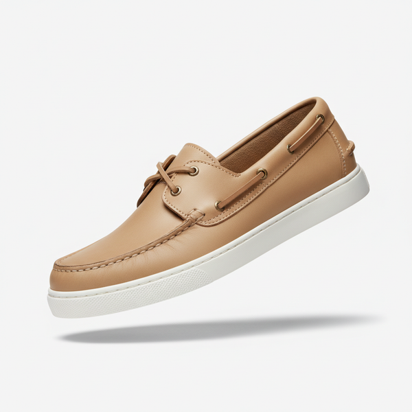 Classic tan leather boat shoe displayed diagonally