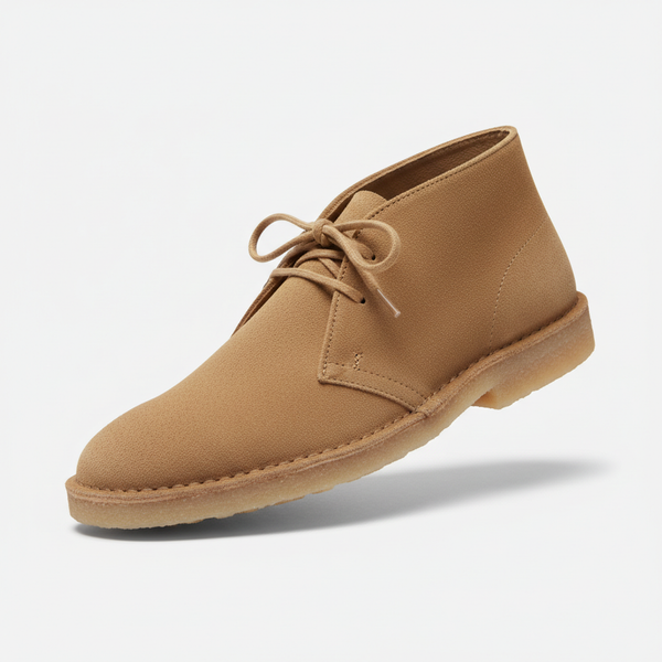 Tan suede desert boot displayed diagonally